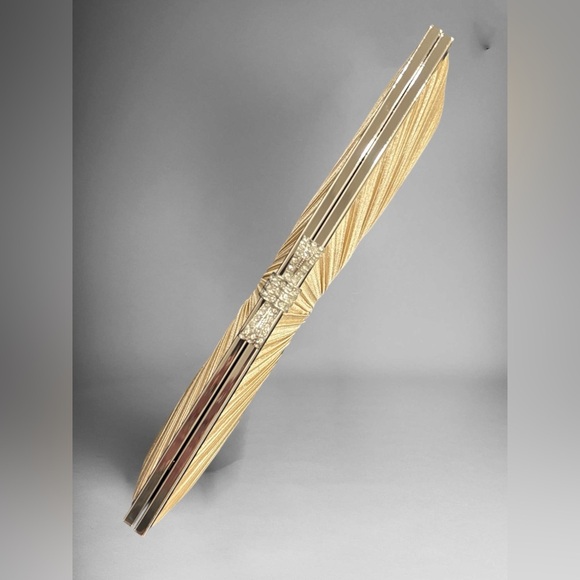 Charming Charlie Gold Pleated Satin Clutch Rhinestone Bow Evening Bag - Picture 2 of 10